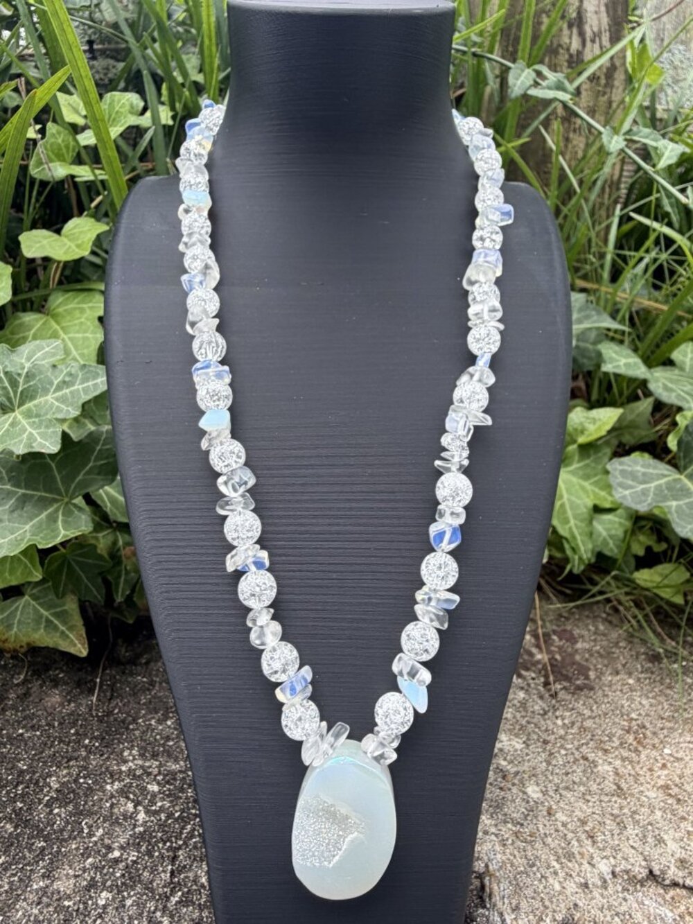 Iridescent Aura Quartz Druzy Slice Pendant Crackle Glass Bead Necklace Handmade